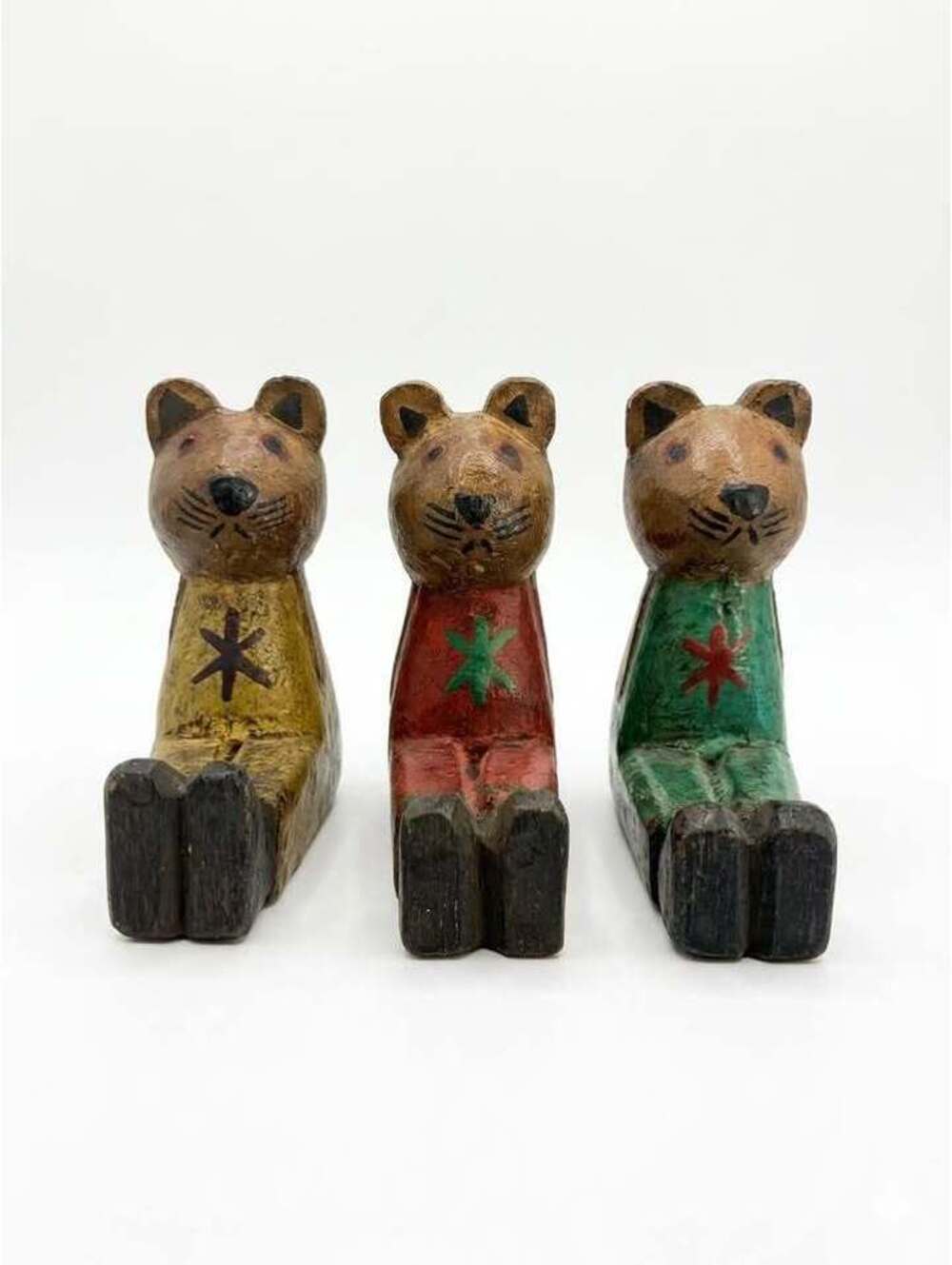 Vintage Hand Carved Wooden Folk Art Cat Shelf Sitters Set of 3 Hand Painted